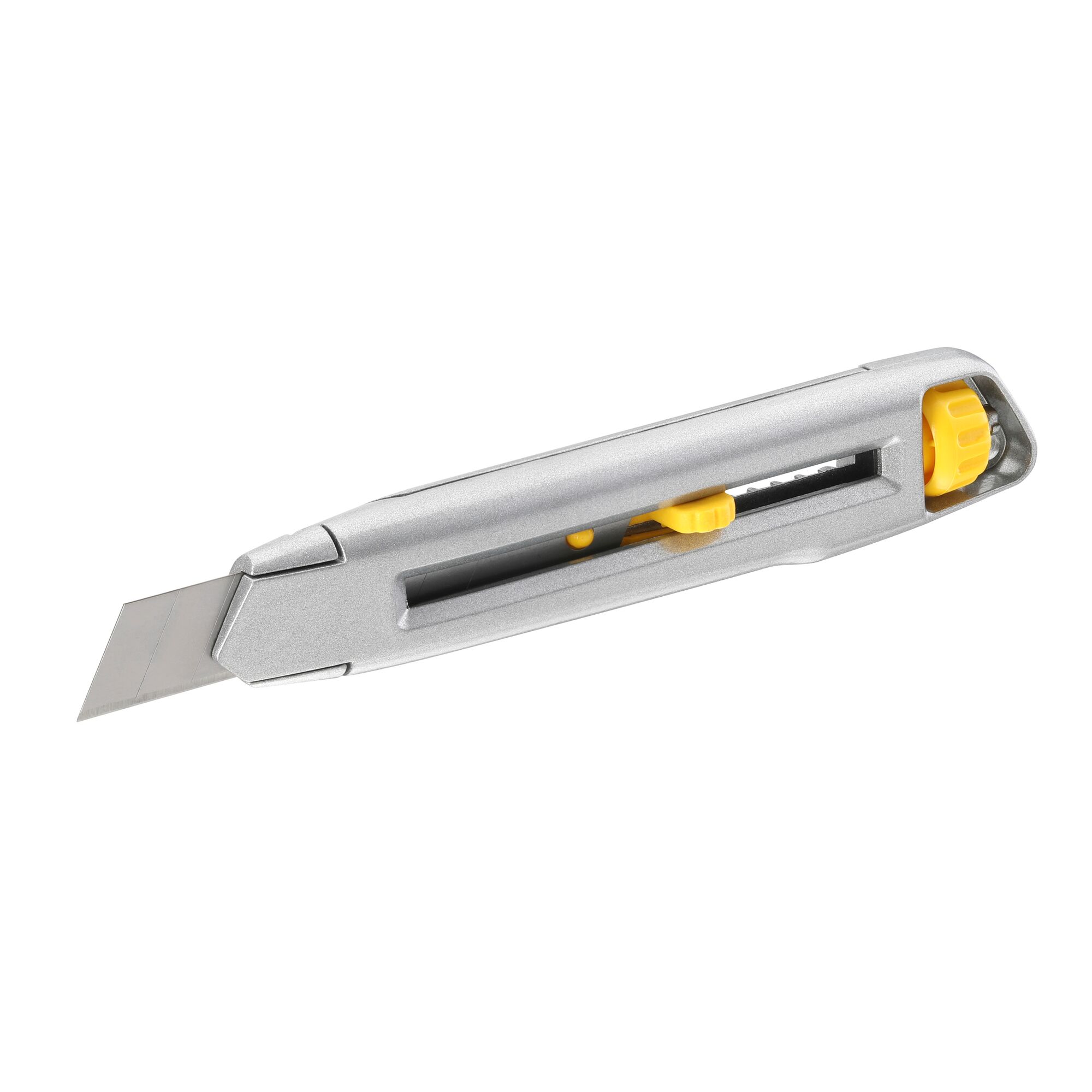STANLEY 0-10-018 utility knife with silver body and yellow slider, side view, on white background.