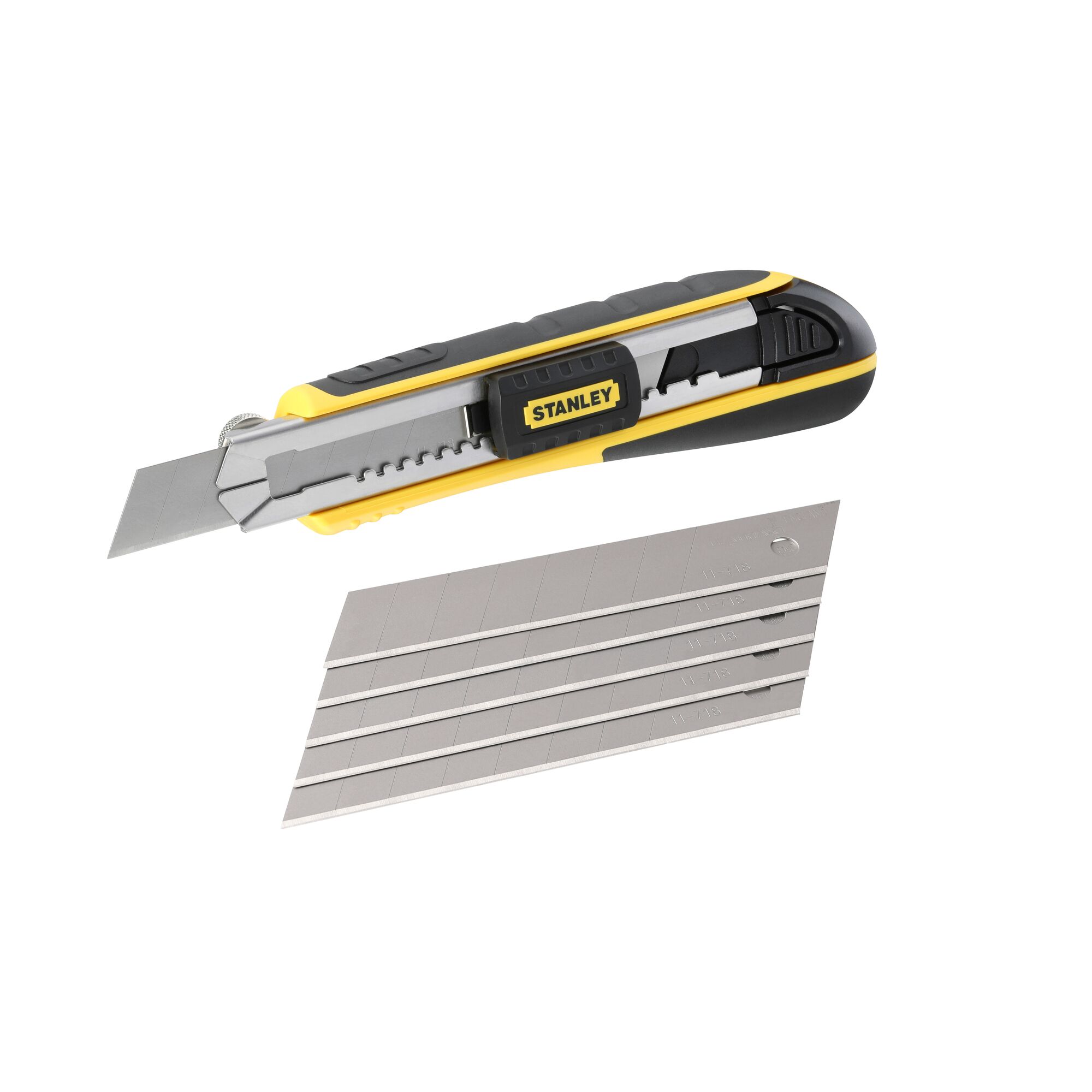 STANLEY 0-10-481 utility knife with segmented blade and extra blades, side angle on white background.
