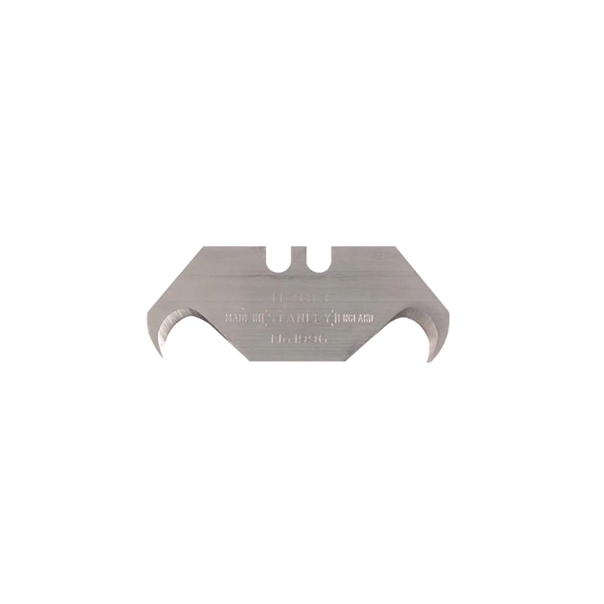 STANLEY 0-11-983 hooked trapezoid utility blade, silver, front angle, on white background.