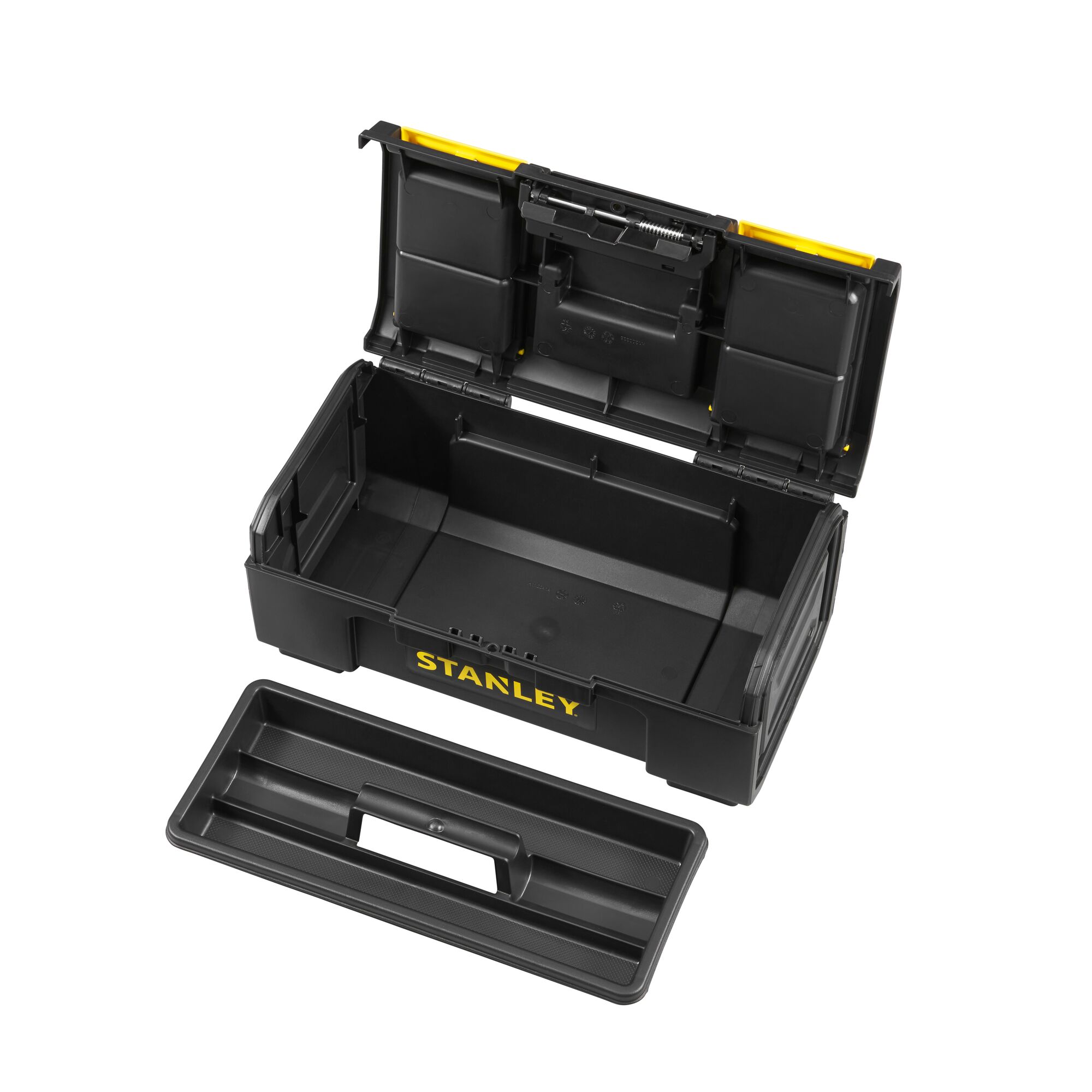 STANLEY 1-79-216 black toolbox with open lid and removable tray, angled front view on white background.