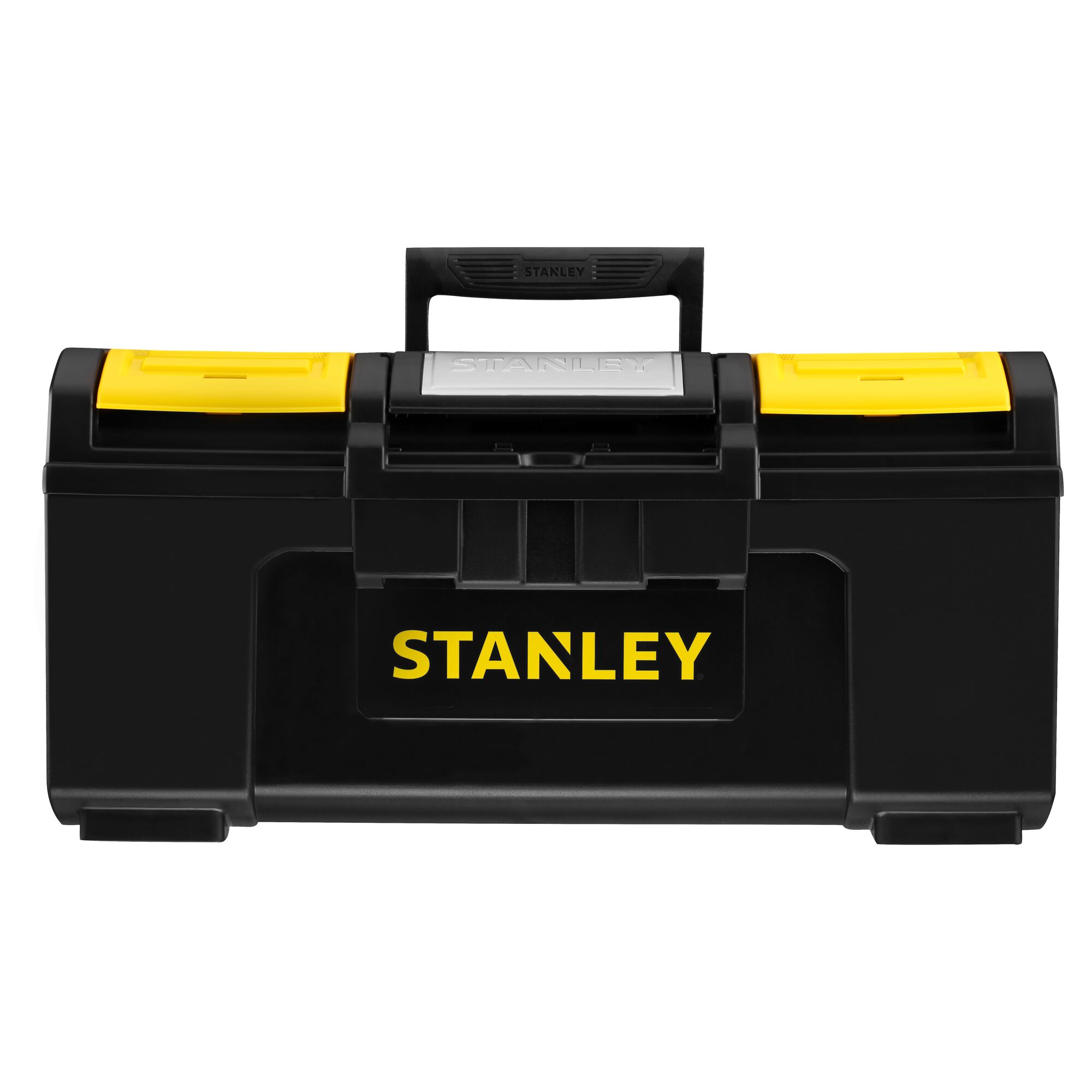 STANLEY 1-79-217 black tool box with yellow latches and handle, front photography on white background.