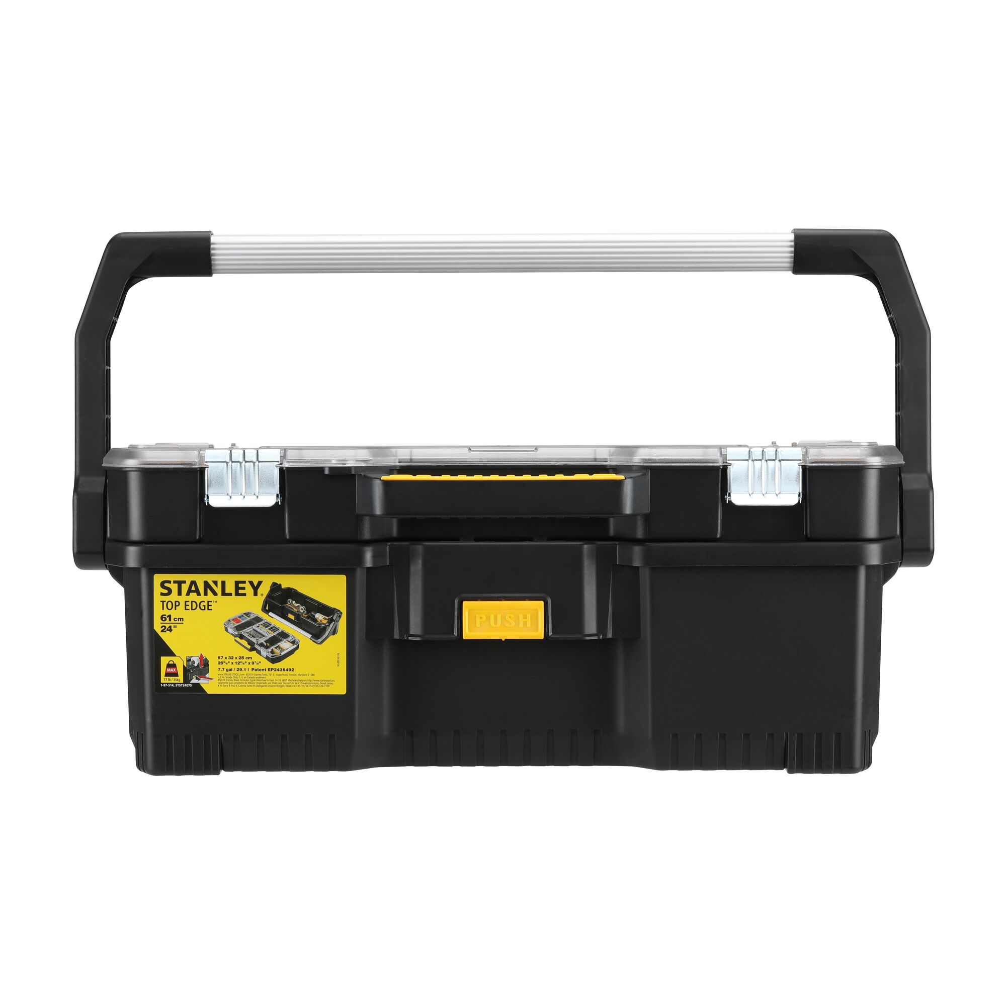 STANLEY 1-97-514 black toolbox with large silver handle, yellow accents, front view on white background.