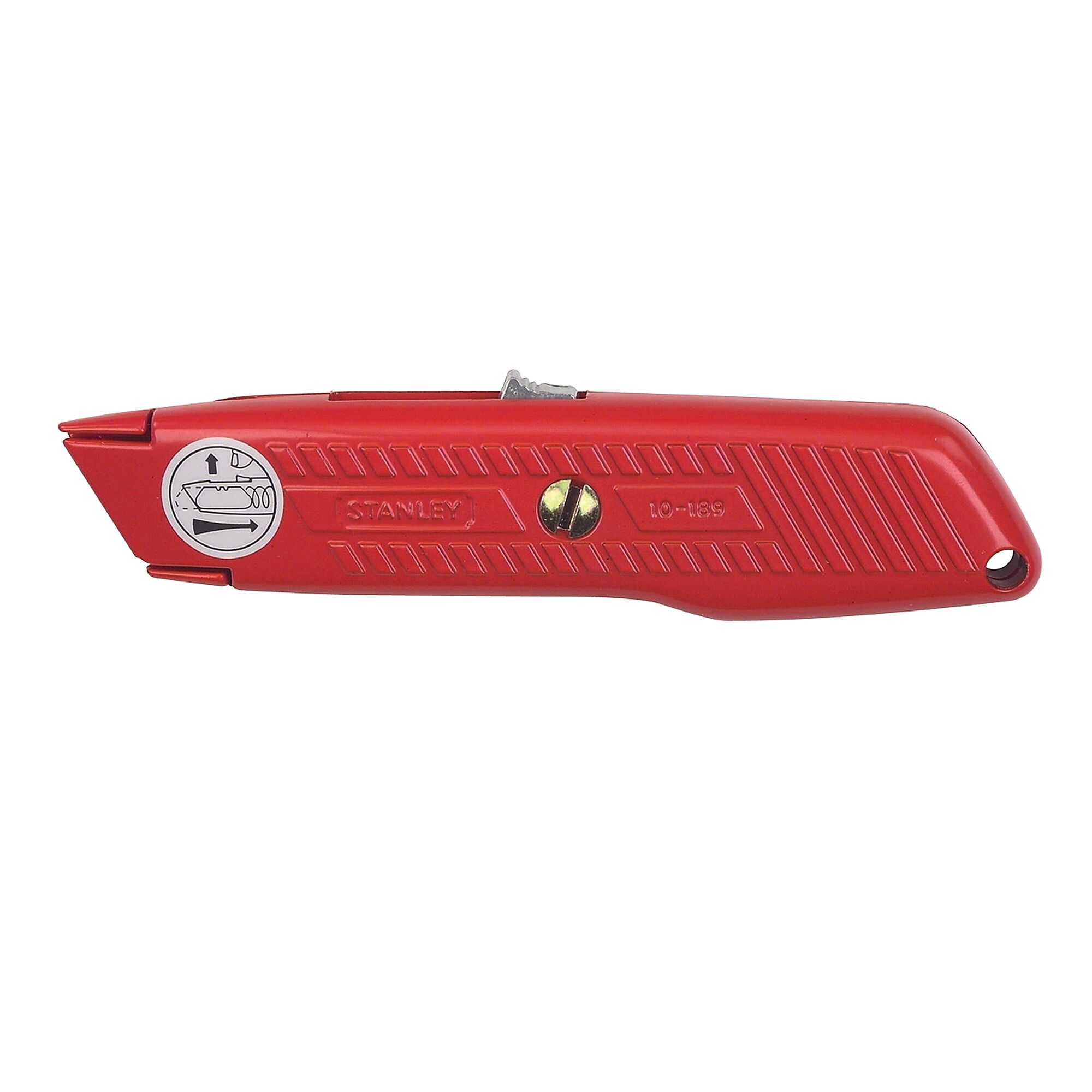 STANLEY 10-189C red utility knife, side view, with textured handle and a blade change instruction sticker