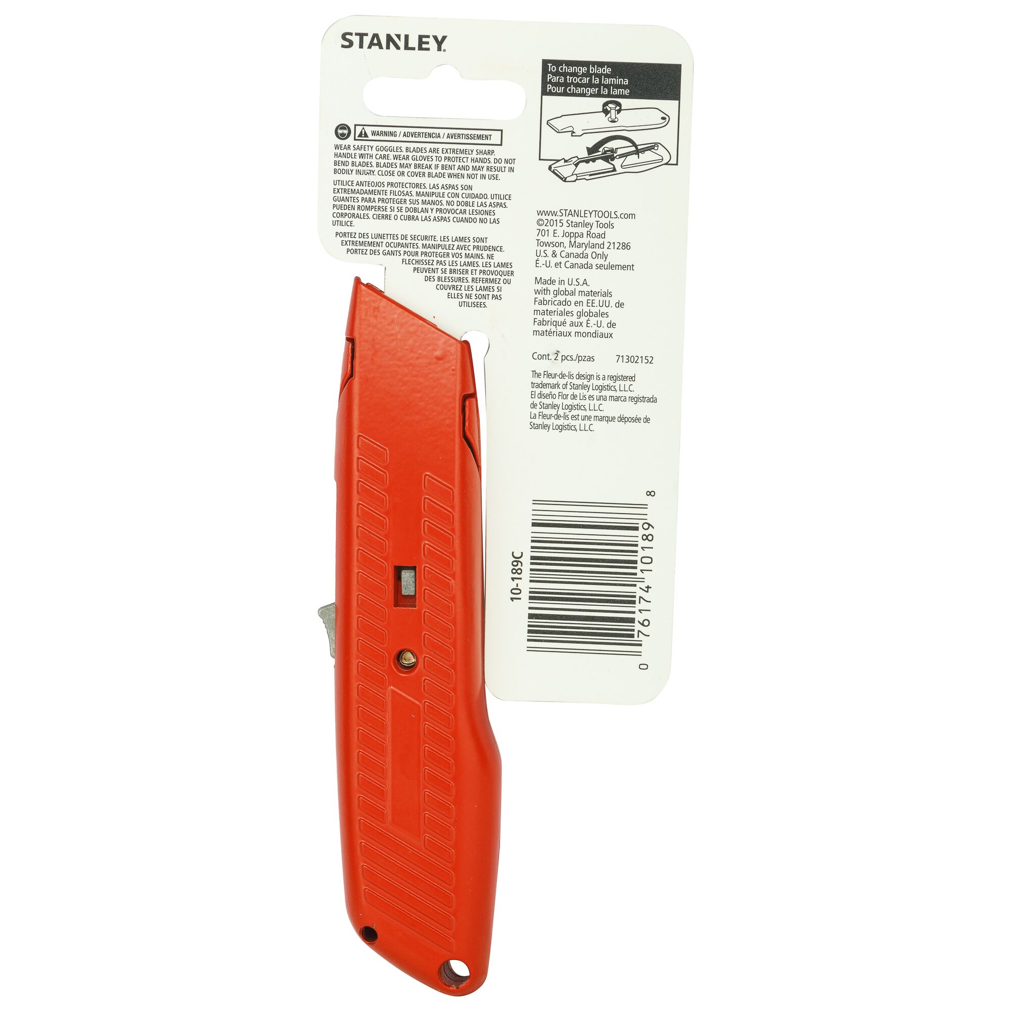 Stanley 10-189C utility knife in bright red, photographed from the back with packaging on white background.