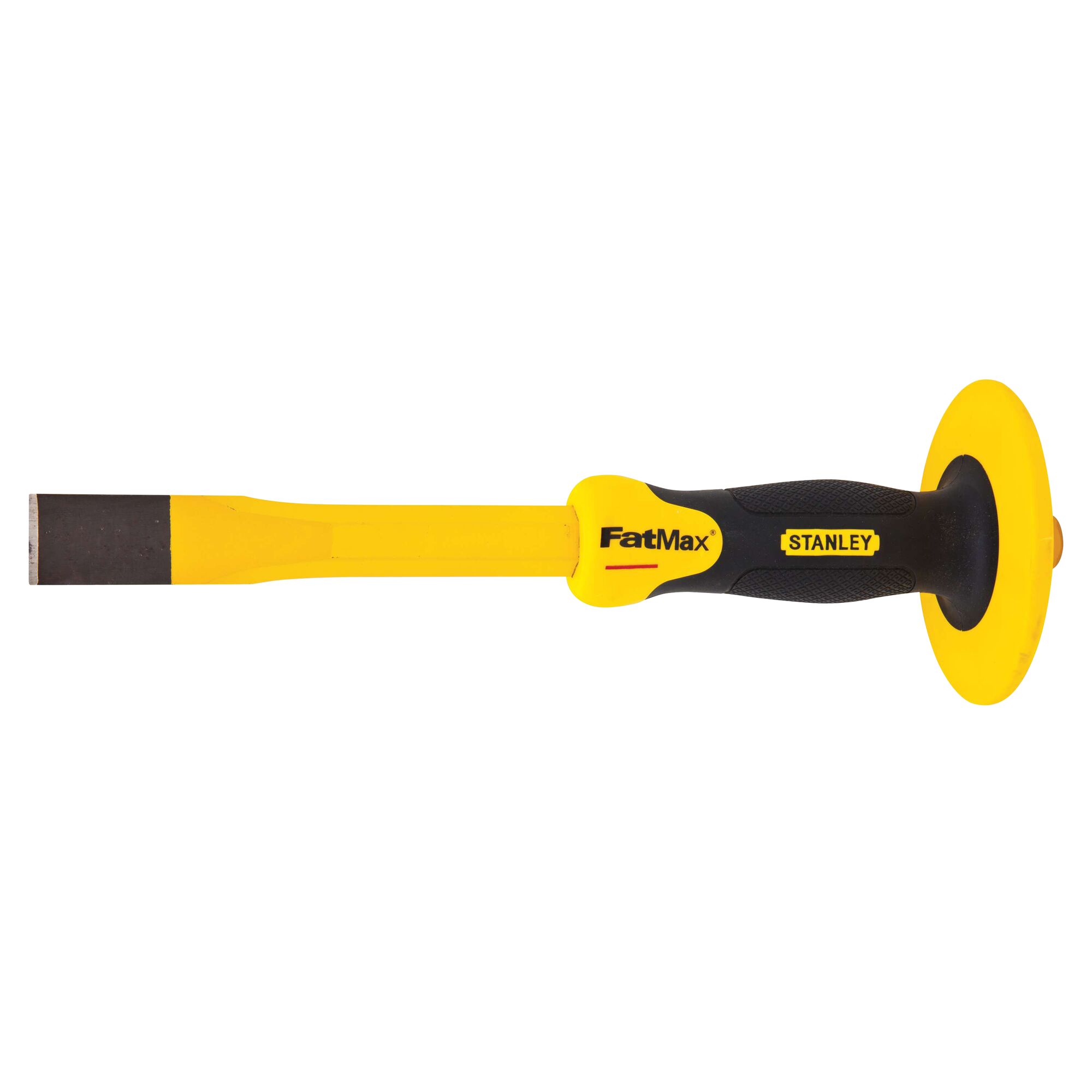 Stanley FatMax chisel with yellow blade, black and yellow ergonomic handle, and hand guard, side view on white background.