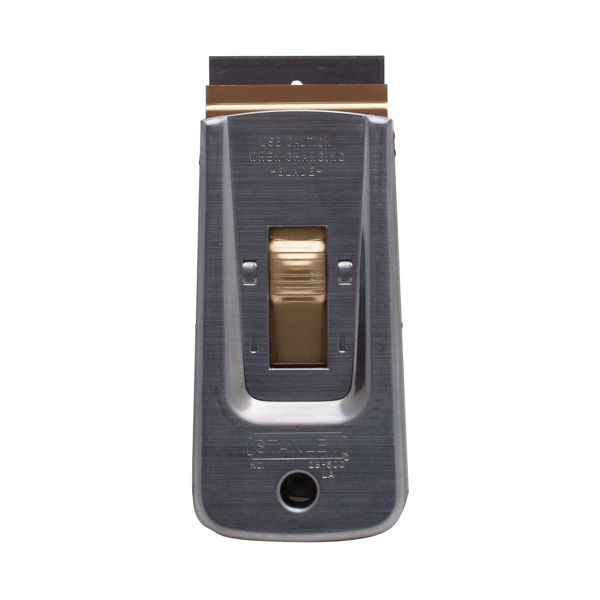 Stanley metal razor blade scraper with gold slider, front shot on white background