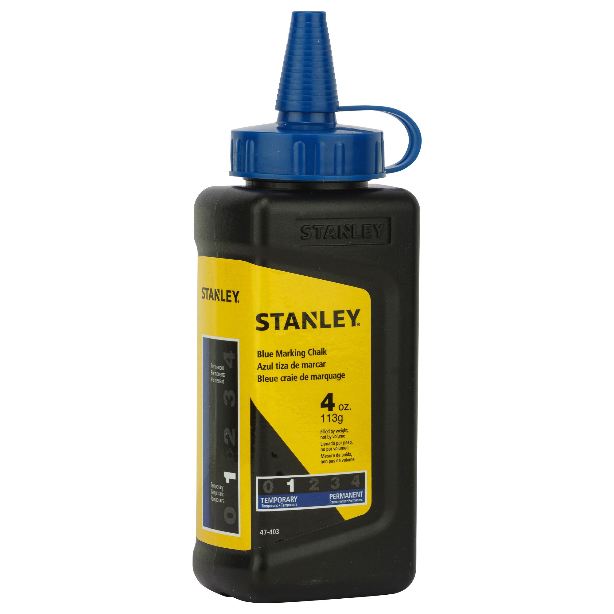 STANLEY 47-443 blue marking chalk bottle, 4 oz, yellow and black label, front angle view.