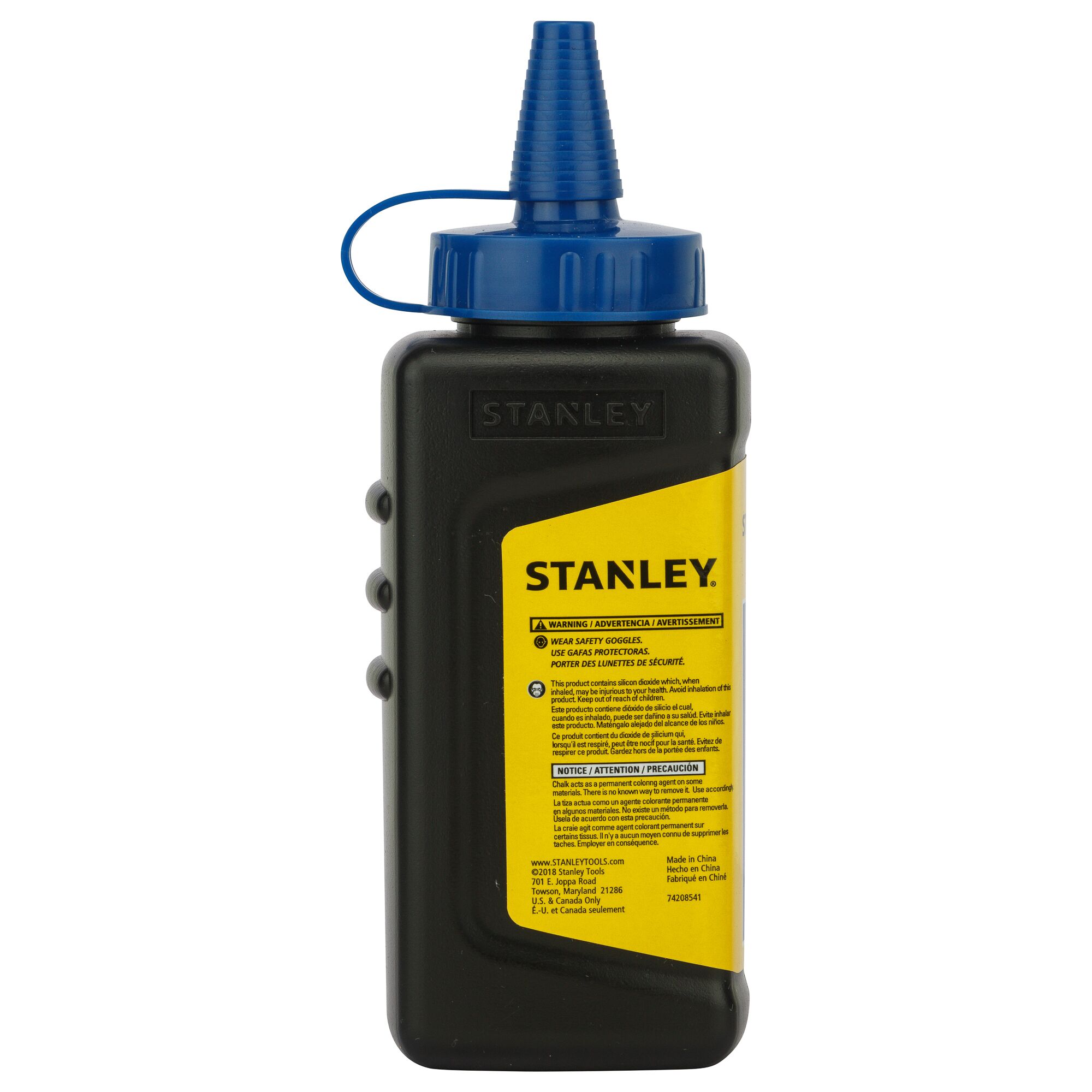 Photo of STANLEY 47-443 chalk bottle with blue nozzle, black container and yellow label, front view.