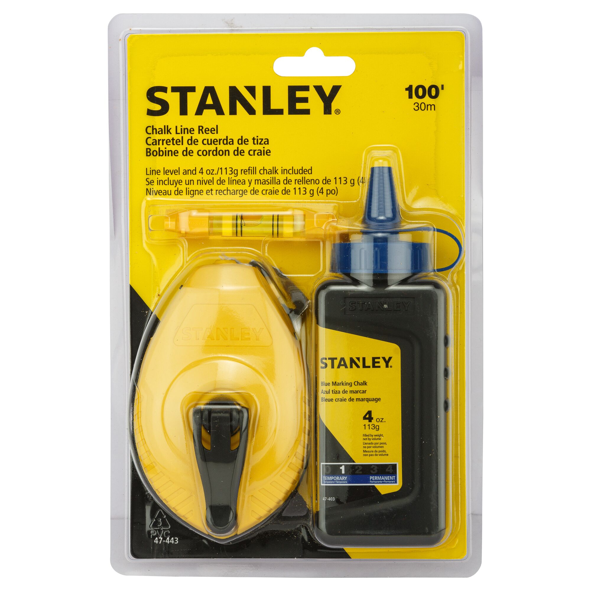 Stanley 47-443 chalk line reel set with yellow reel, blue chalk bottle, and level in retail packaging, front view.