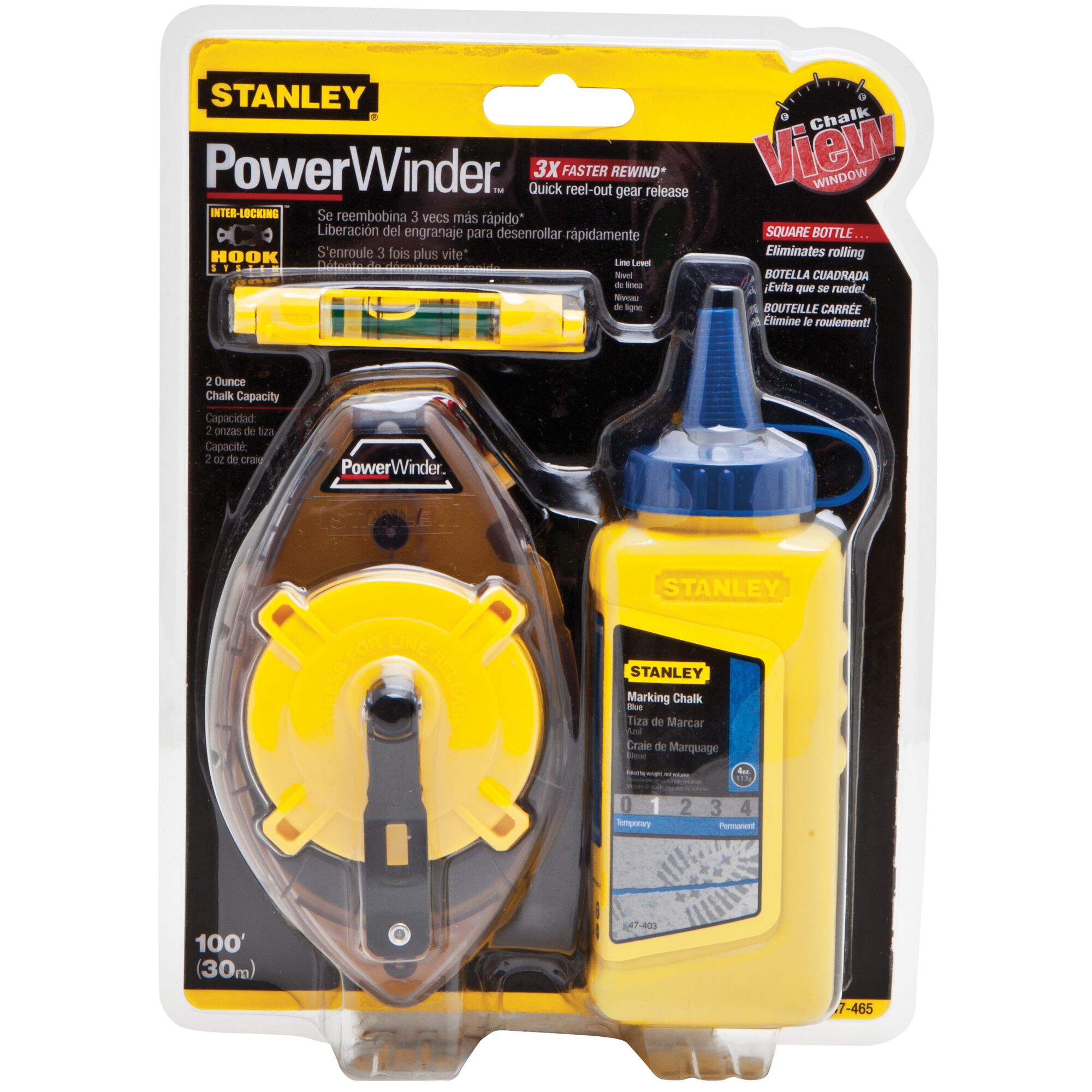 STANLEY PowerWinder 47-465 chalk line tool set with marking chalk and level, front angle on white background.