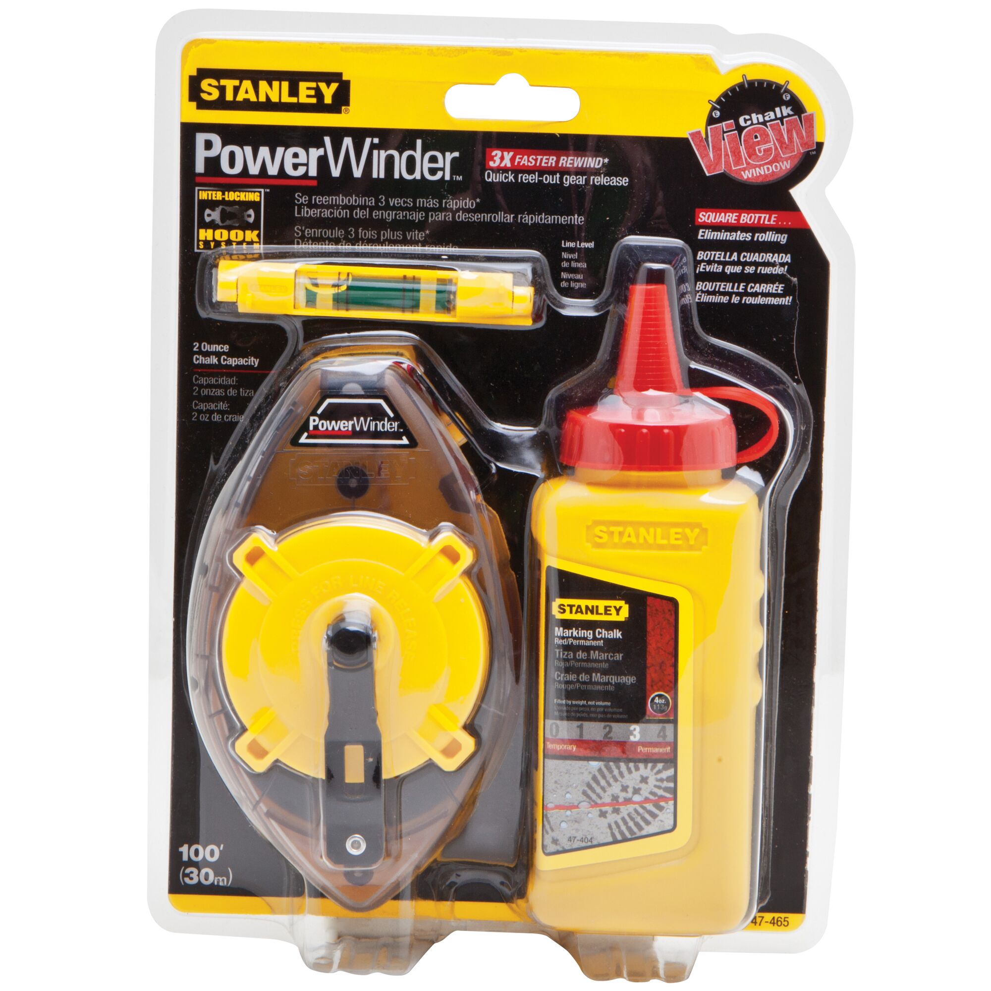 STANLEY 47-465 chalk line kit with yellow chalk bottle, reel, and line level in retail packaging, front angle.