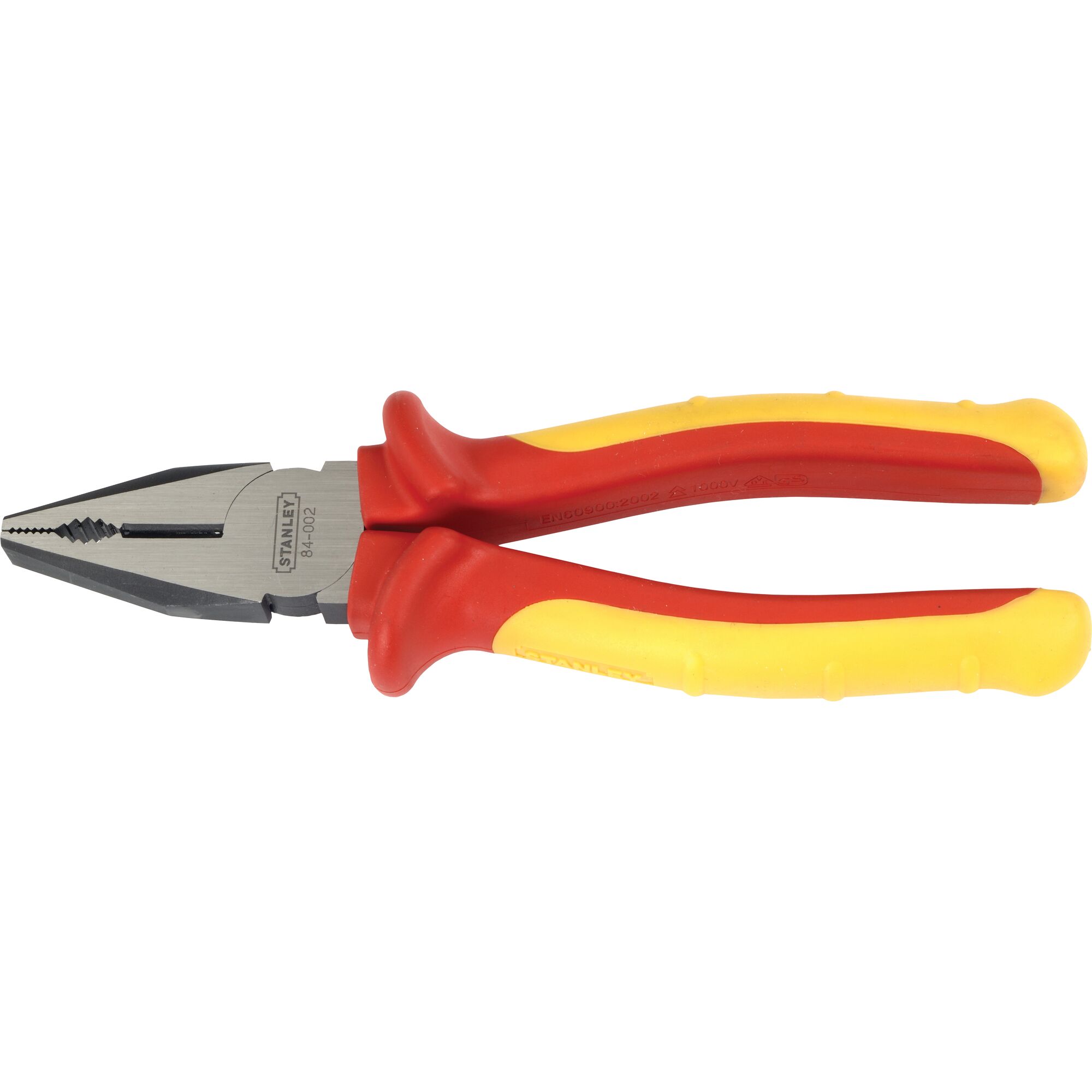 STANLEY 84-002 insulated combination pliers, red and yellow handles, front angle, photography.