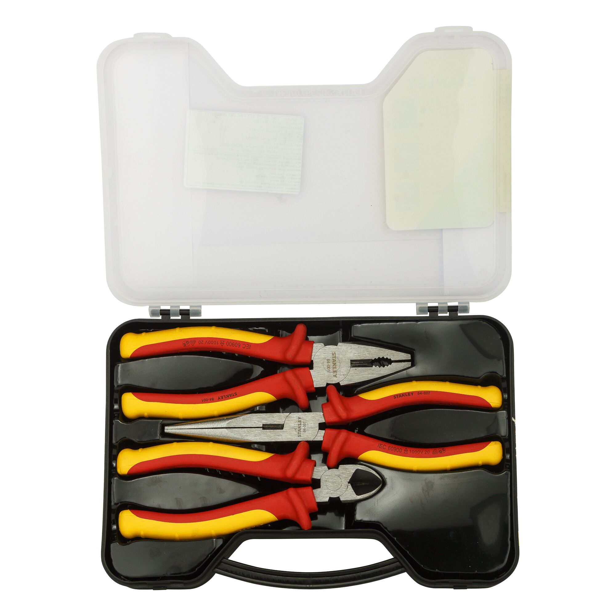 STANLEY 84-011 pliers set with red and yellow handles in a black plastic case, top view.