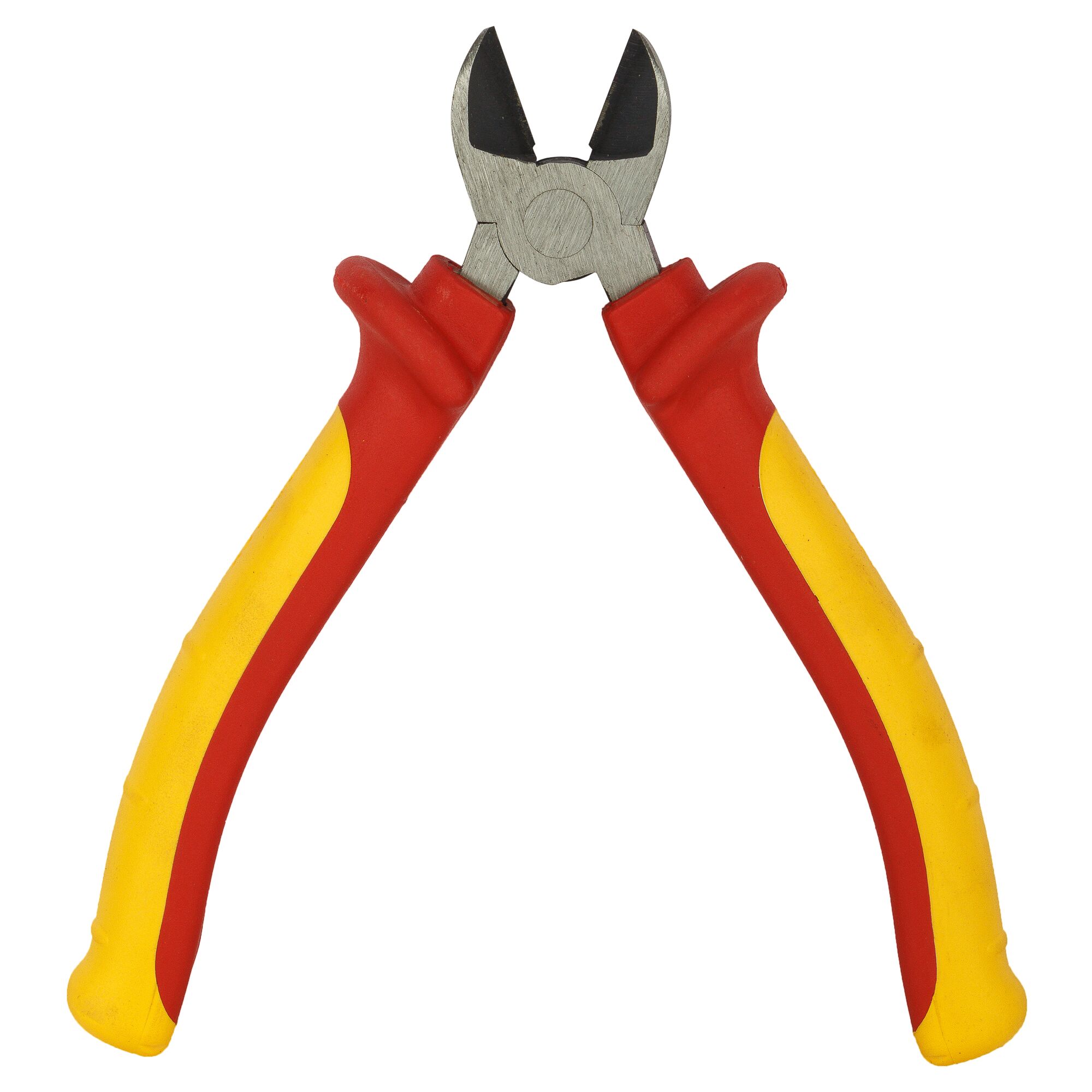 Stanley 84-011 diagonal cutting pliers with red and yellow handles, front angle on white background.