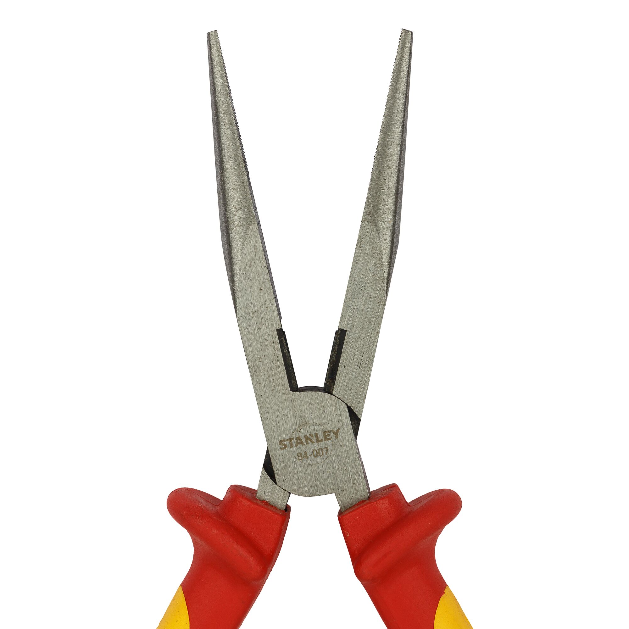 Photo of STANLEY 84-011 long nose pliers with red and yellow handles, front angle on white background.