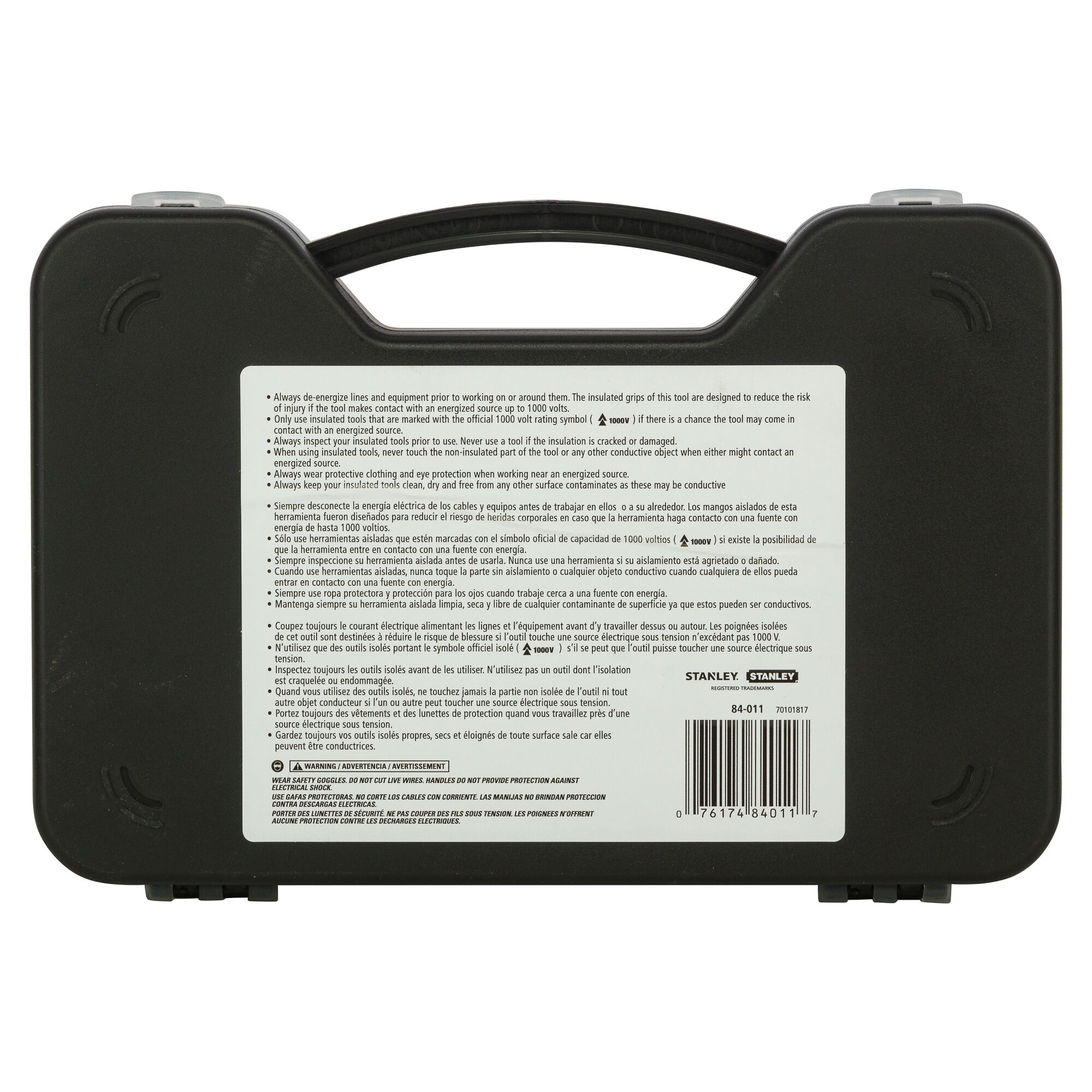 Photo of STANLEY tool case, SKU 84-011, black hard plastic with carry handle, large instruction and safety label on back.