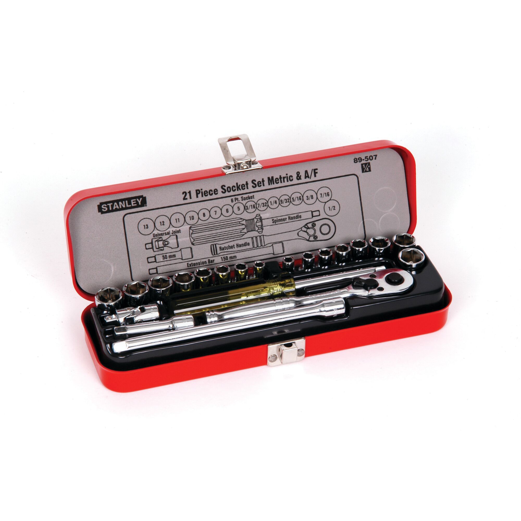 Stanley 21-piece socket set in red box, includes ratchet handle and various sockets for metric and A/F sizes.