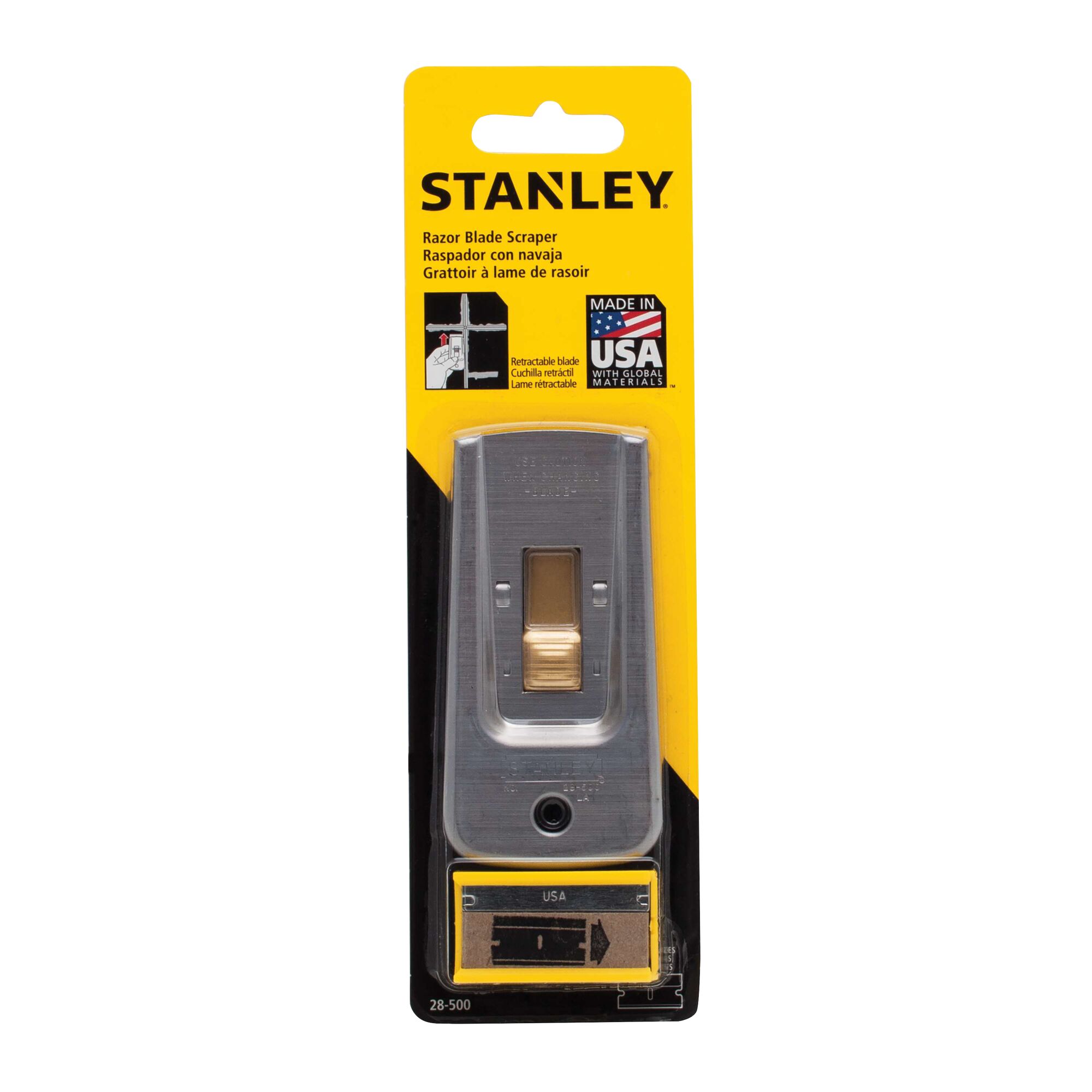 Razor blade scraper with 5 blades packed in its plastic packaging.