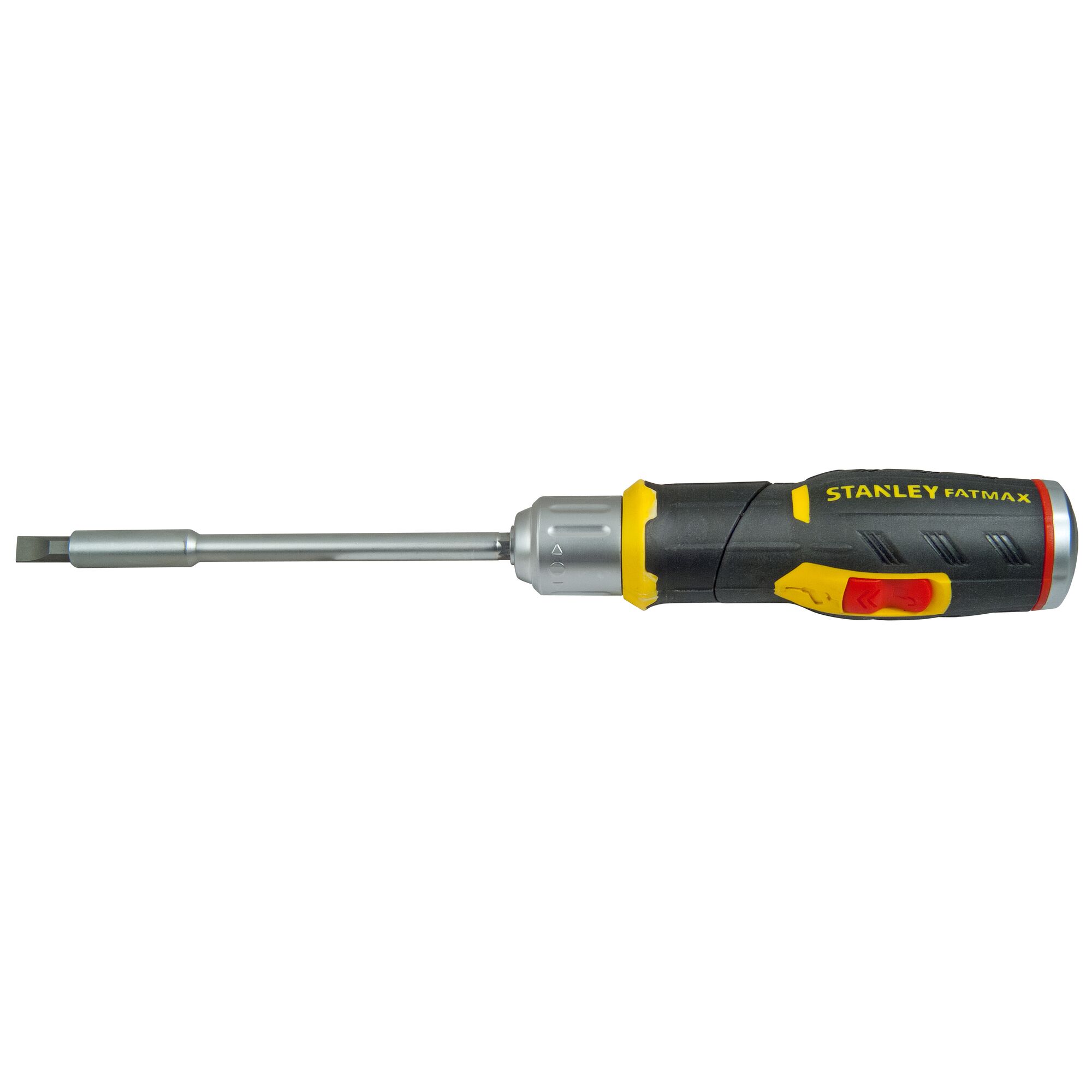 Stanley Fatmax multi-bit screwdriver with ergonomic black, yellow, and red handle shown on white background.