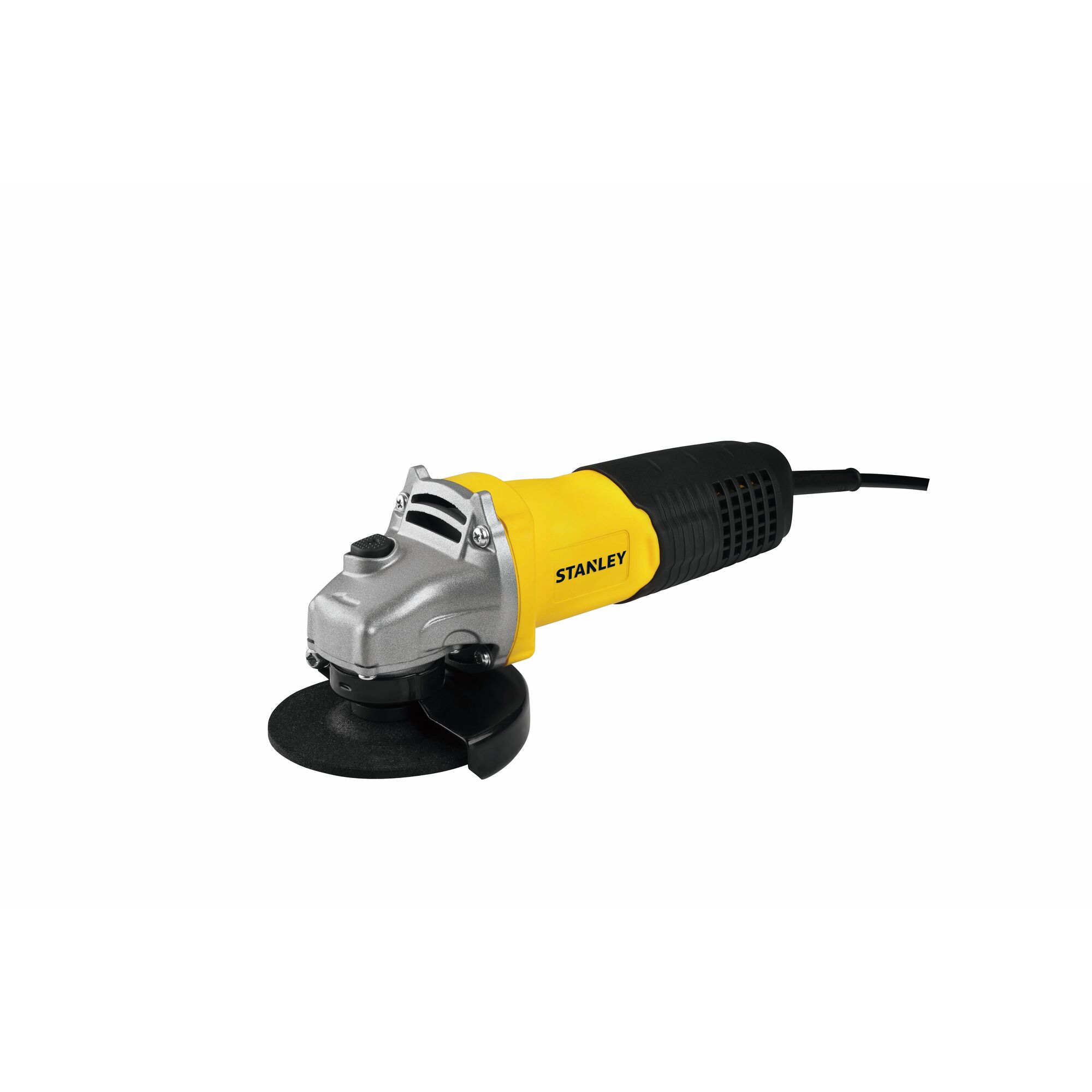 Stanley STGT6100 yellow and black angle grinder with a cord, isolated on white.