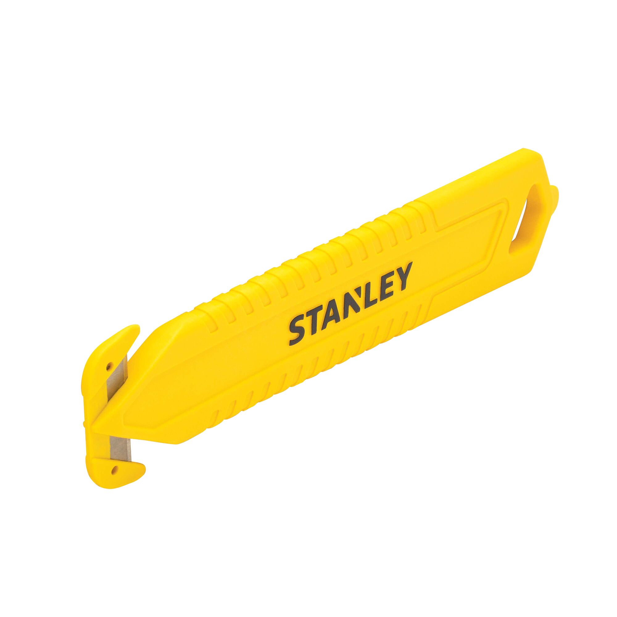 Stanley yellow plastic safety cutter with hook blade, angled right on white background.