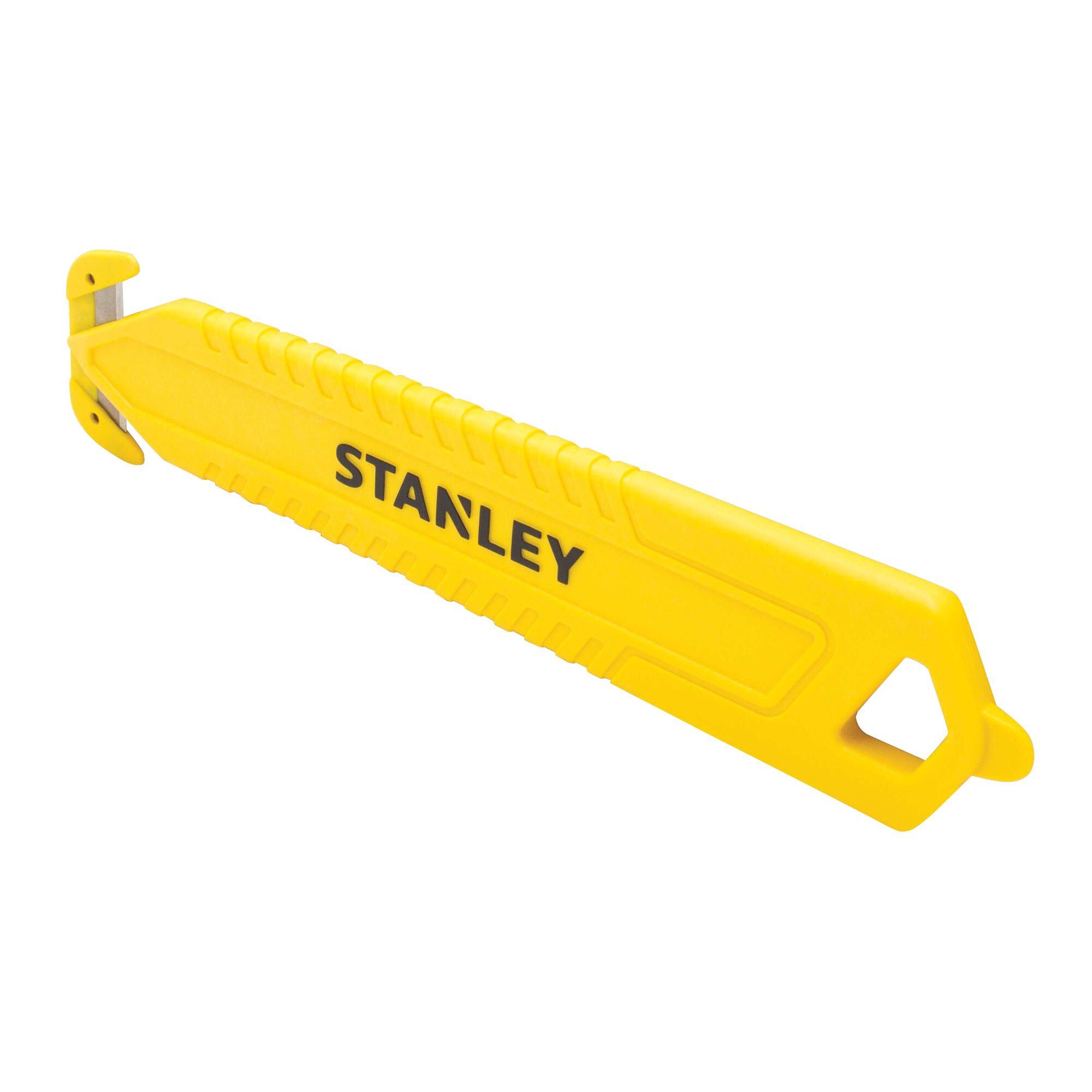 Stanley yellow safety utility knife side angle on white background