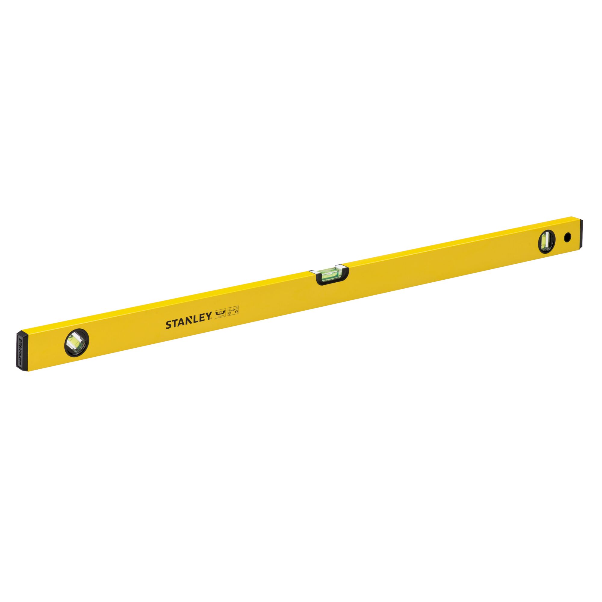 STANLEY STHT42813 yellow spirit level with three bubble vials, front angle on white background.