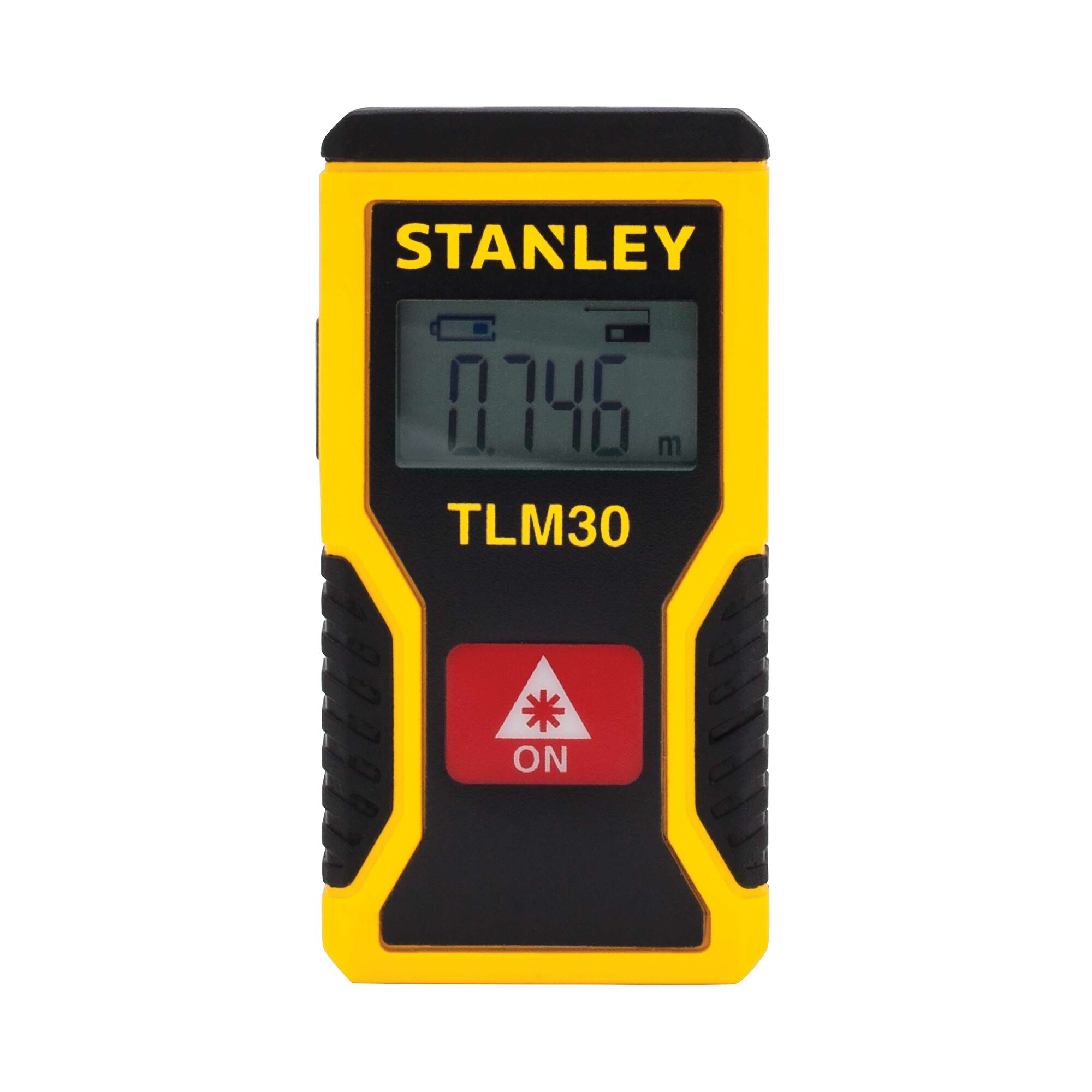 Front angle of STANLEY TLM30 laser distance measurer with yellow and black casing and digital display