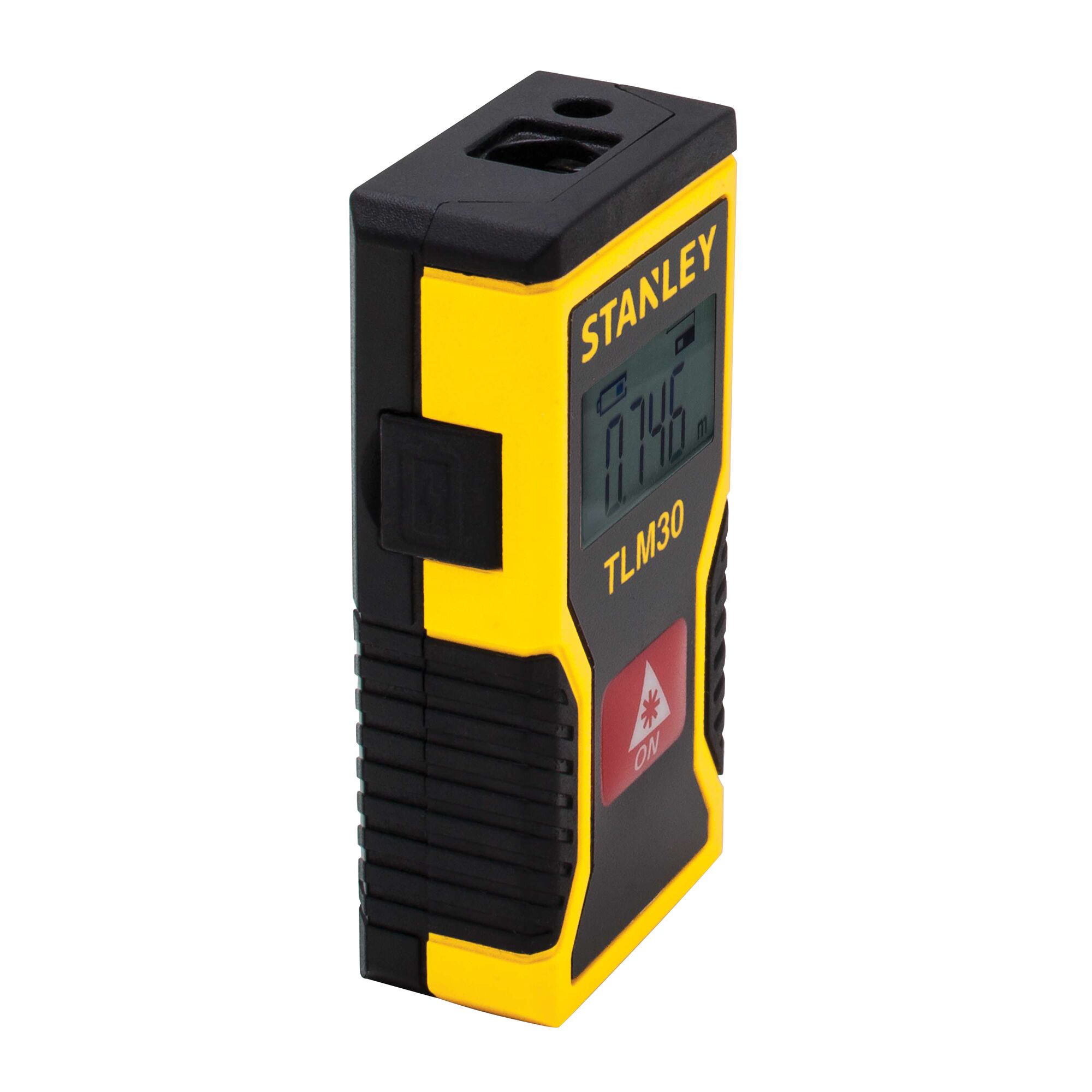 Stanley TLM30 handheld laser distance measurer, yellow and black, angled on white background