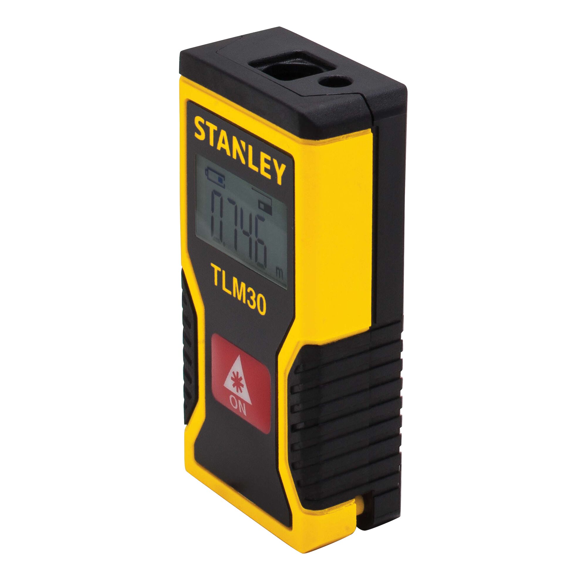 Stanley TLM30 yellow and black laser distance measurer, angled view, digital display shown